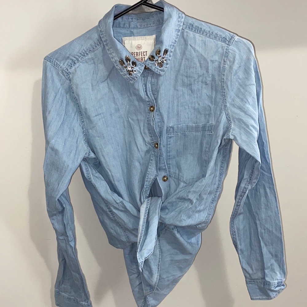 Rhineston Long sleeve blue Jean shirt